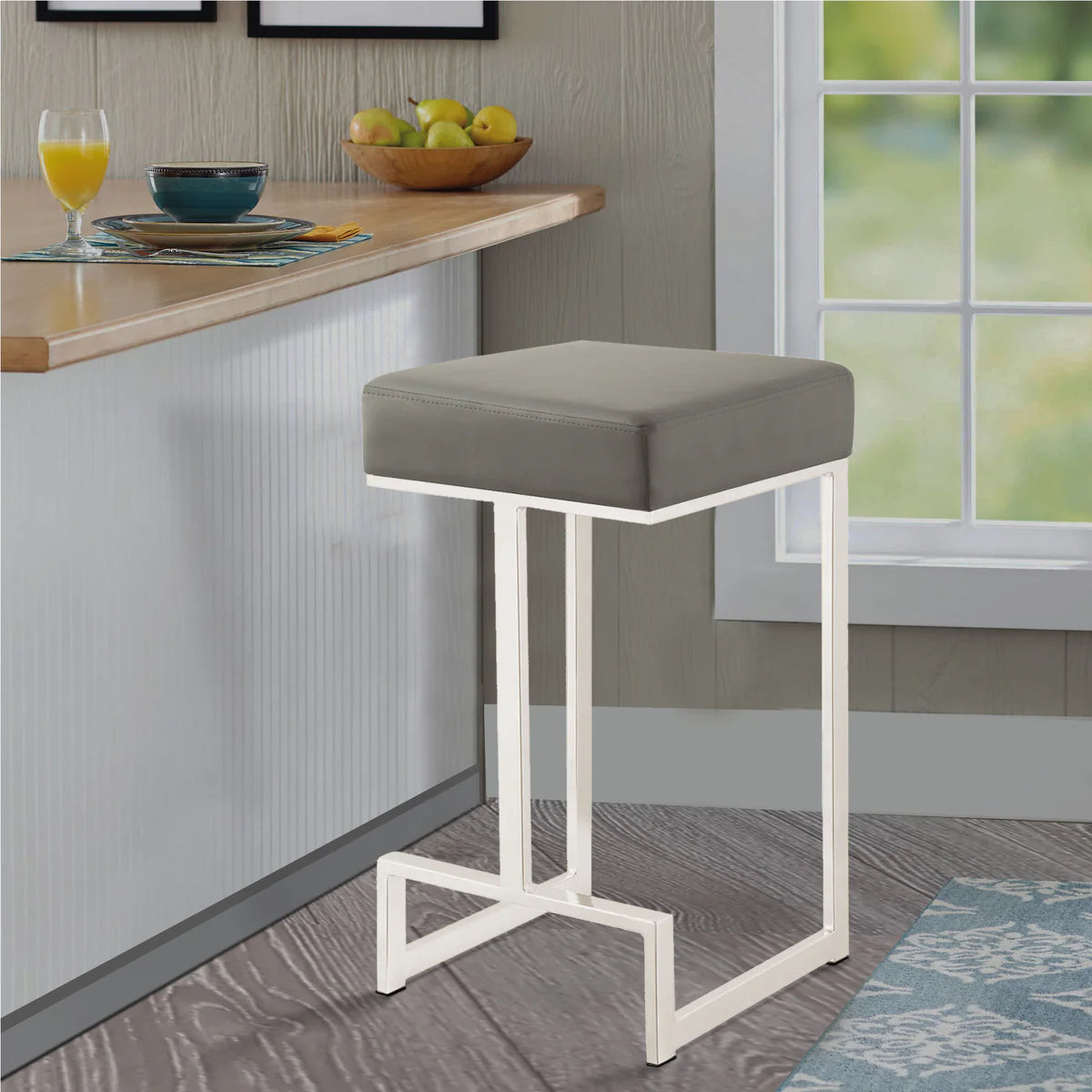 BM168067 Bar Stool With Upholstered Gray Seat With Chrome Base