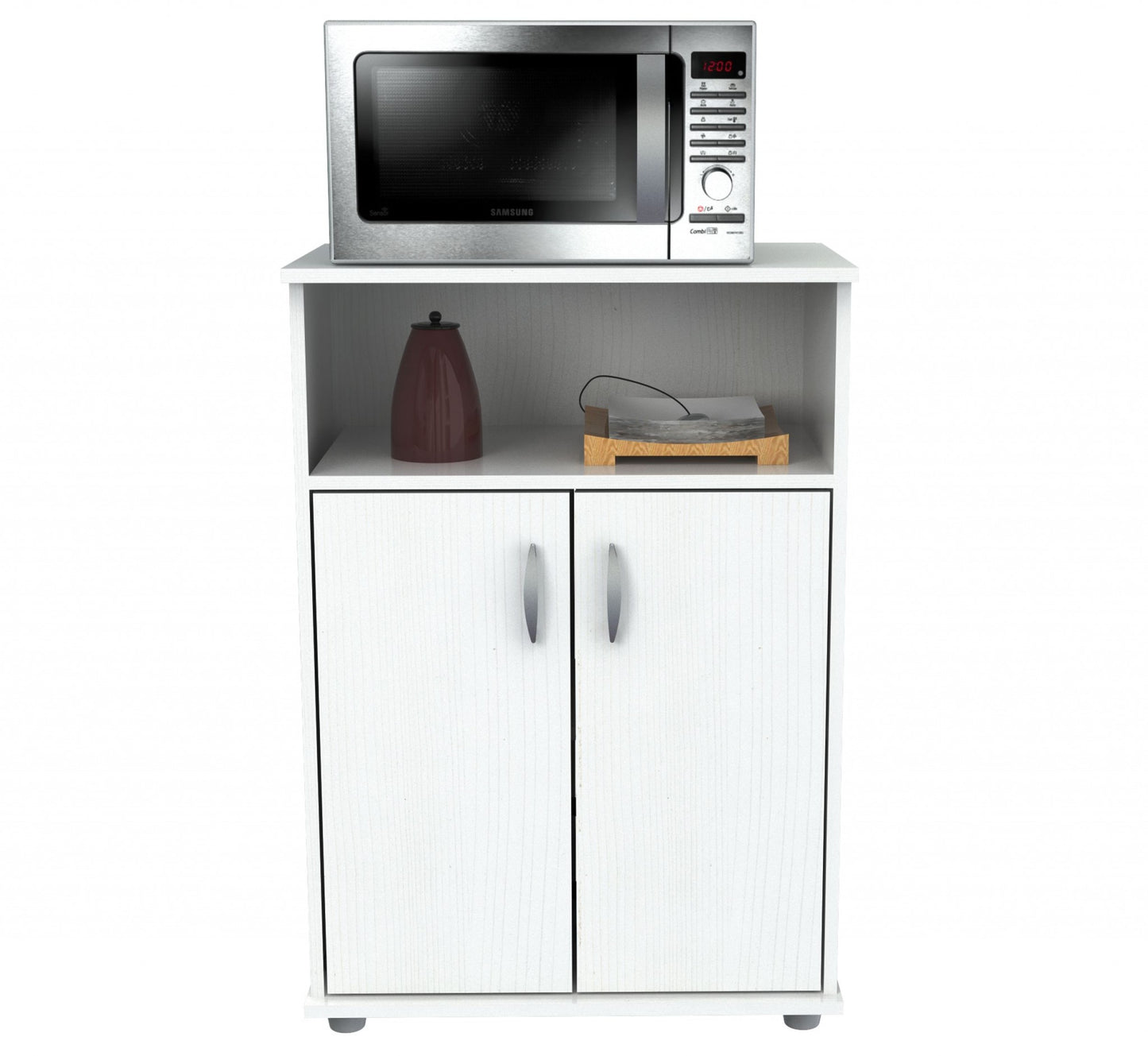 White Finish Wood Microwave Cart With Cabinet- 249842