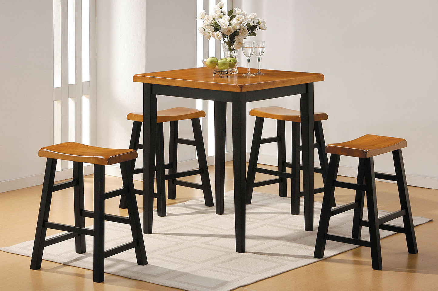Five Piece Oak And Black Square Solid Wood Dining Set With Four Chairs - 286545