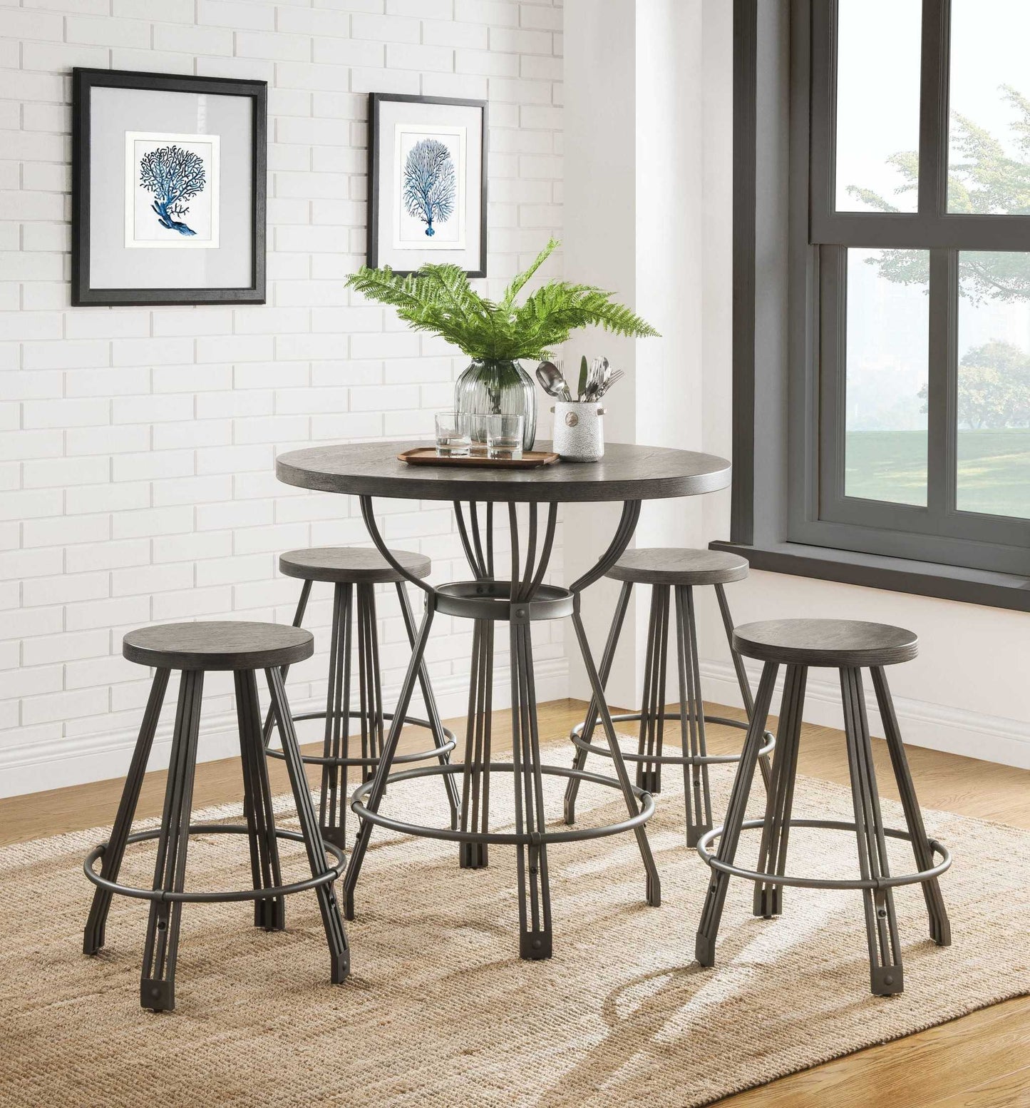 Gray Oak Gunmetal Metal Wood 5Pc Pk Counter Height Set-347348