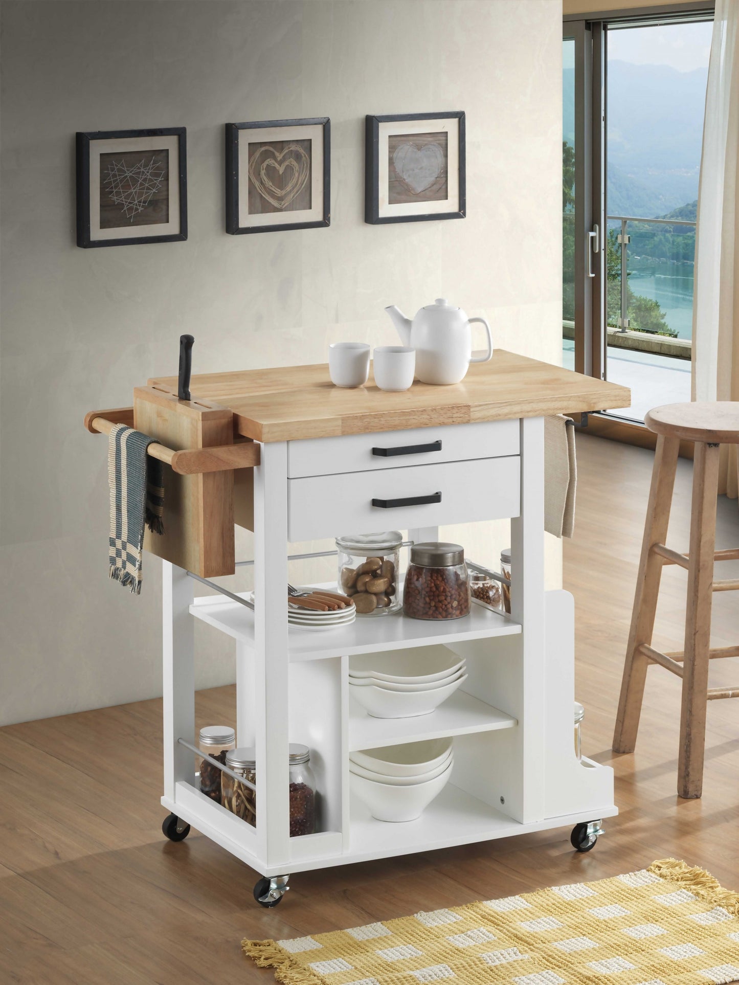 Natural White Wood Casters Kitchen Cart- 347567