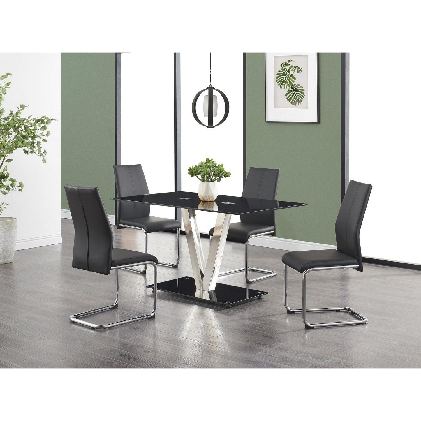 Set Of 4 Modern Black Dining Chairs With Chrome Metal Base- 383966