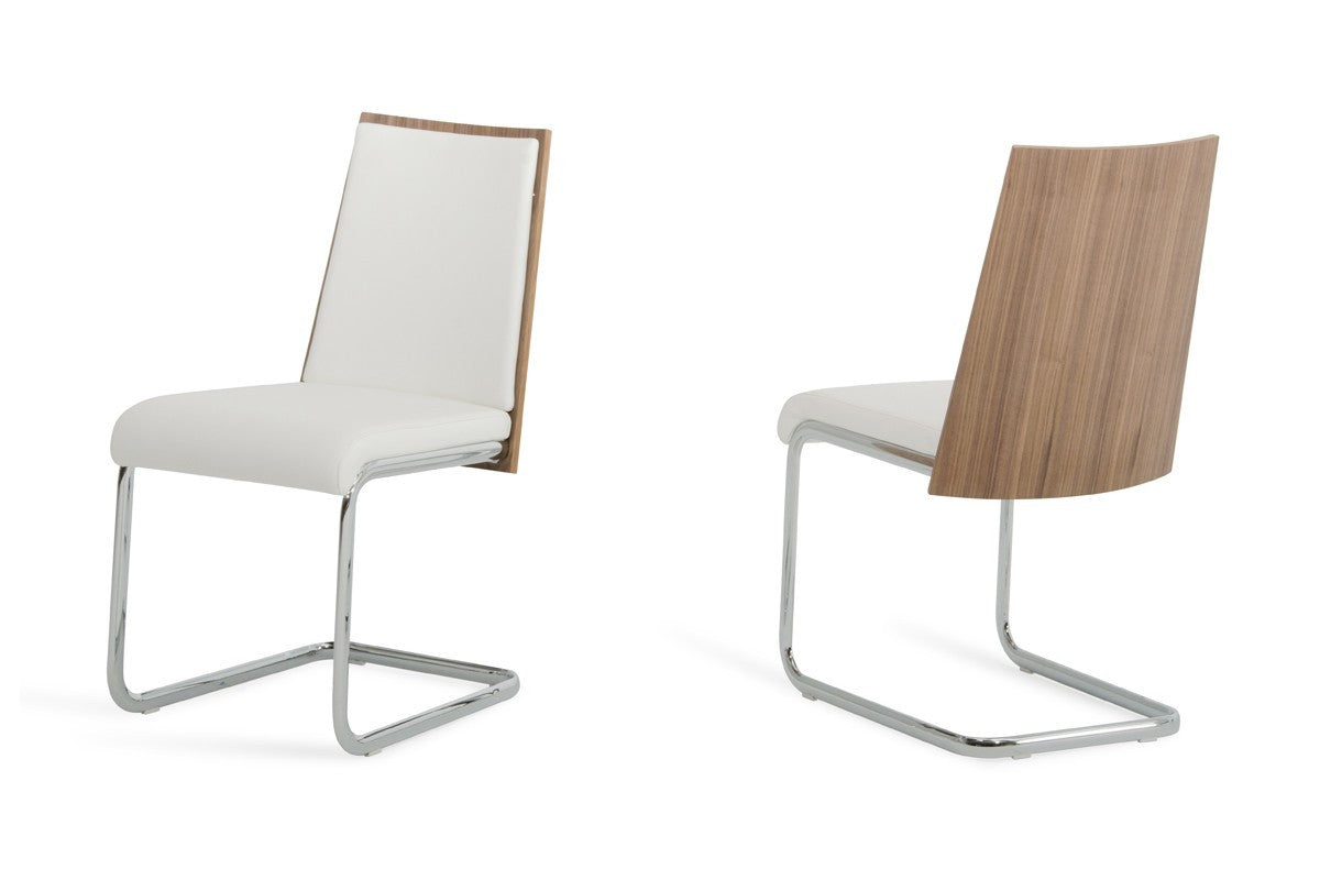 Set Of 2 Modern White Faux Leather And Walnut Finish Dining Chairs- 384362