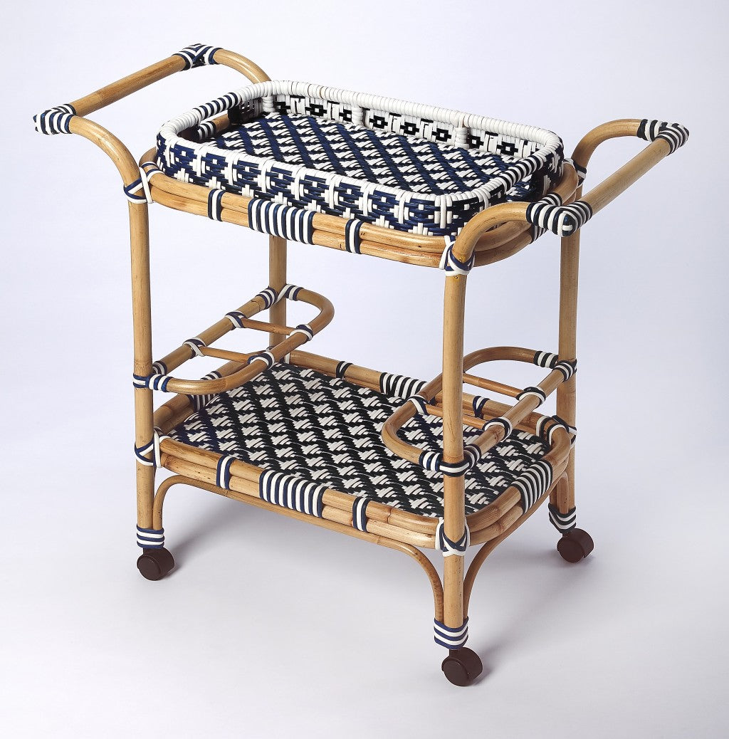 Blue And White Rattan Bar Cart- 388948