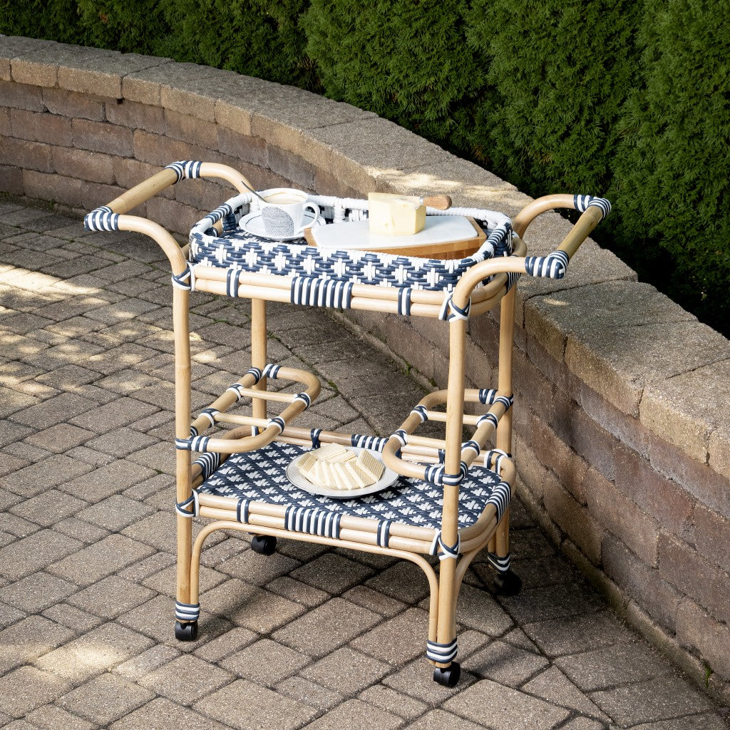 Blue And White Rattan Bar Cart- 388948