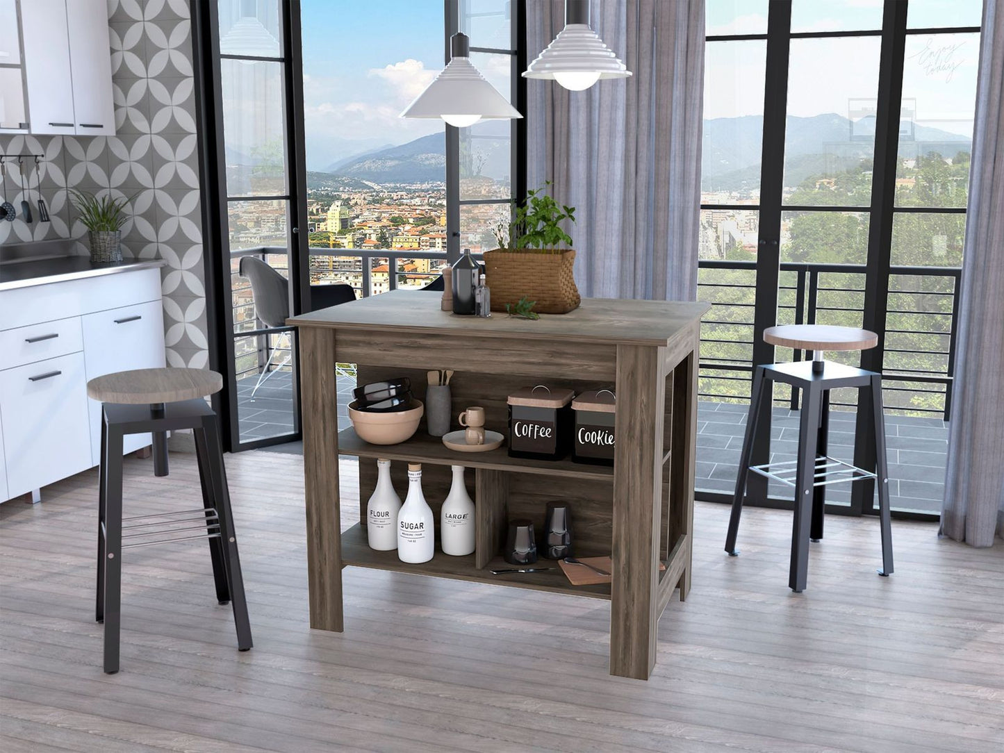 Brown Kitchen Island With Three Storage Shelves- 474091