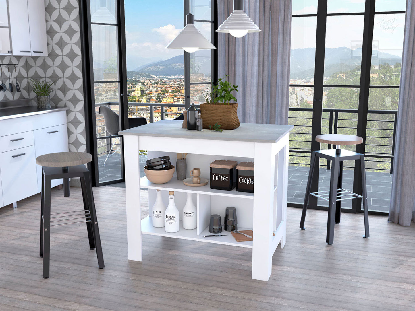 Marble And White Kitchen Island With Three Storage Shelves- 474093