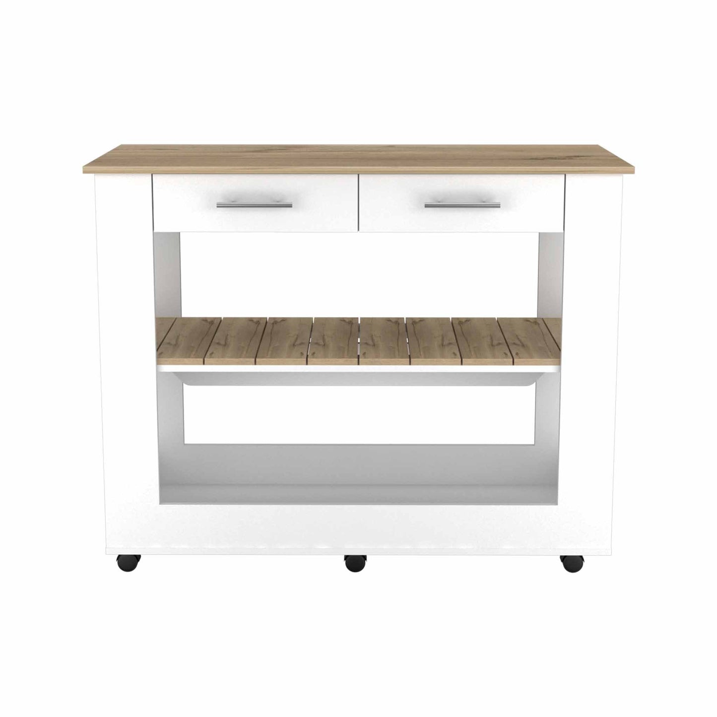 Light Oak And White Kitchen Island With Drawer Shelves And Casters- 474097