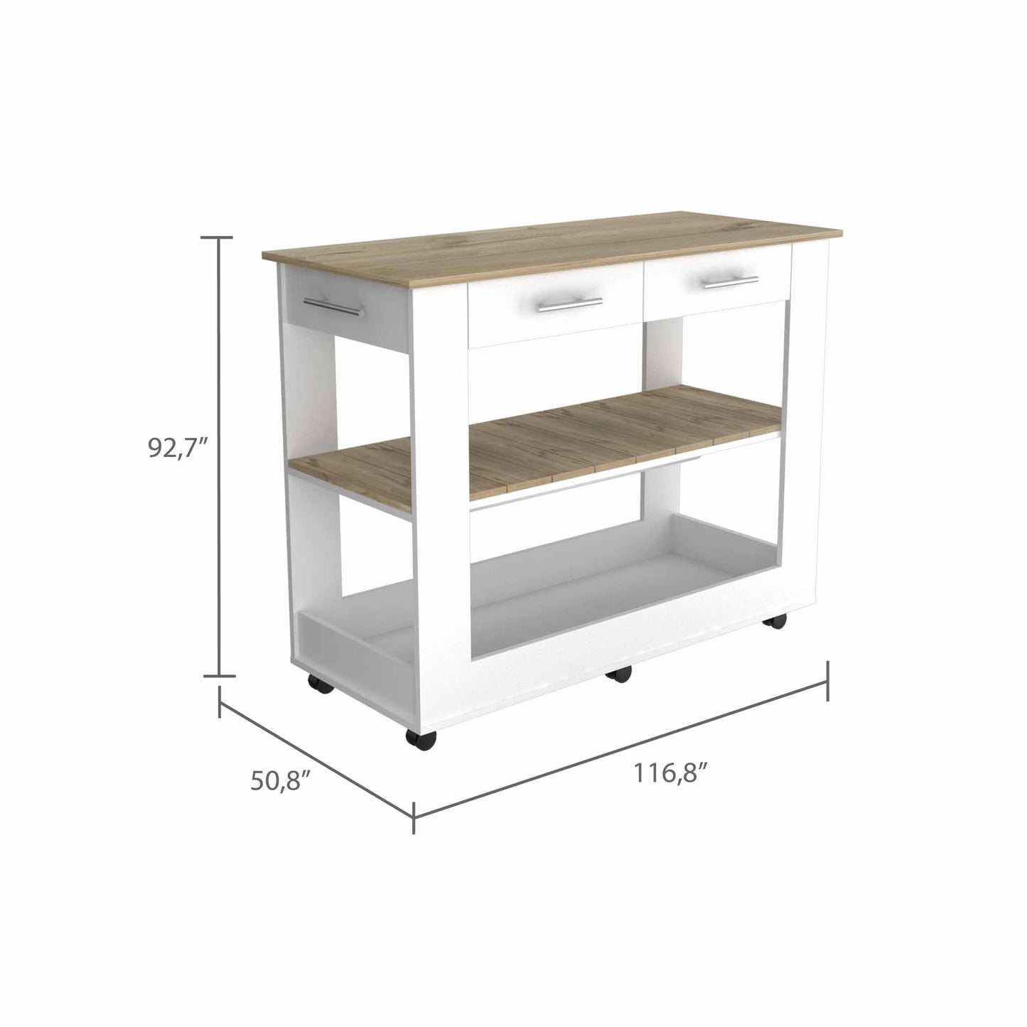 Light Oak And White Kitchen Island With Drawer Shelves And Casters- 474097