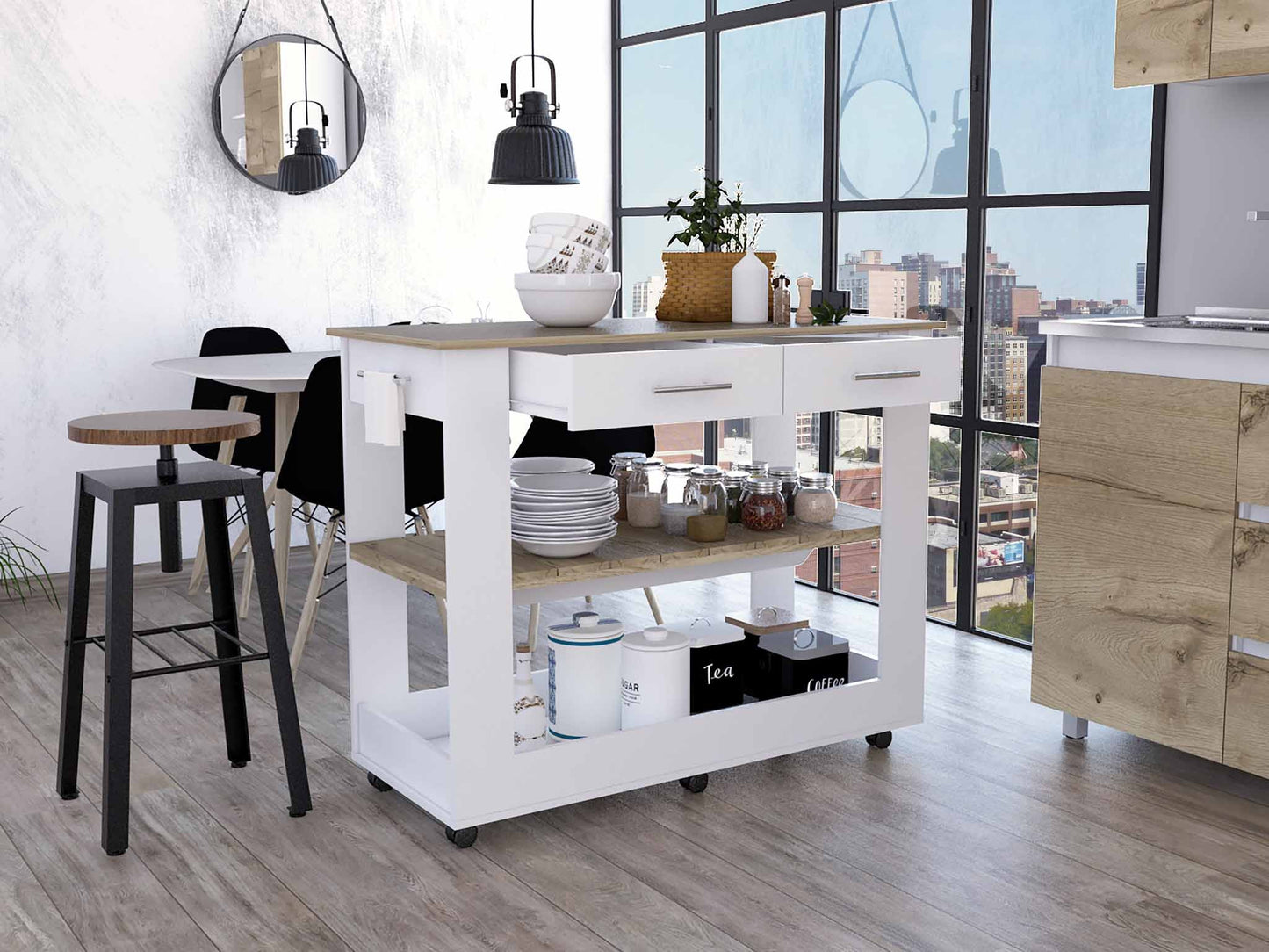 Light Oak And White Kitchen Island With Drawer Shelves And Casters- 474097