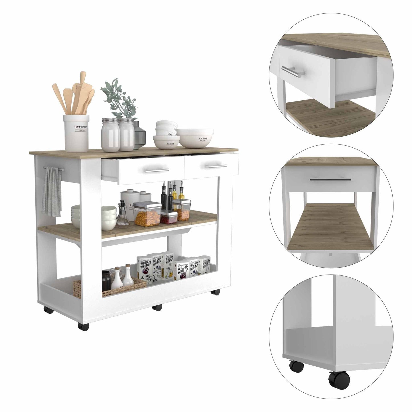 Light Oak And White Kitchen Island With Drawer Shelves And Casters- 474097