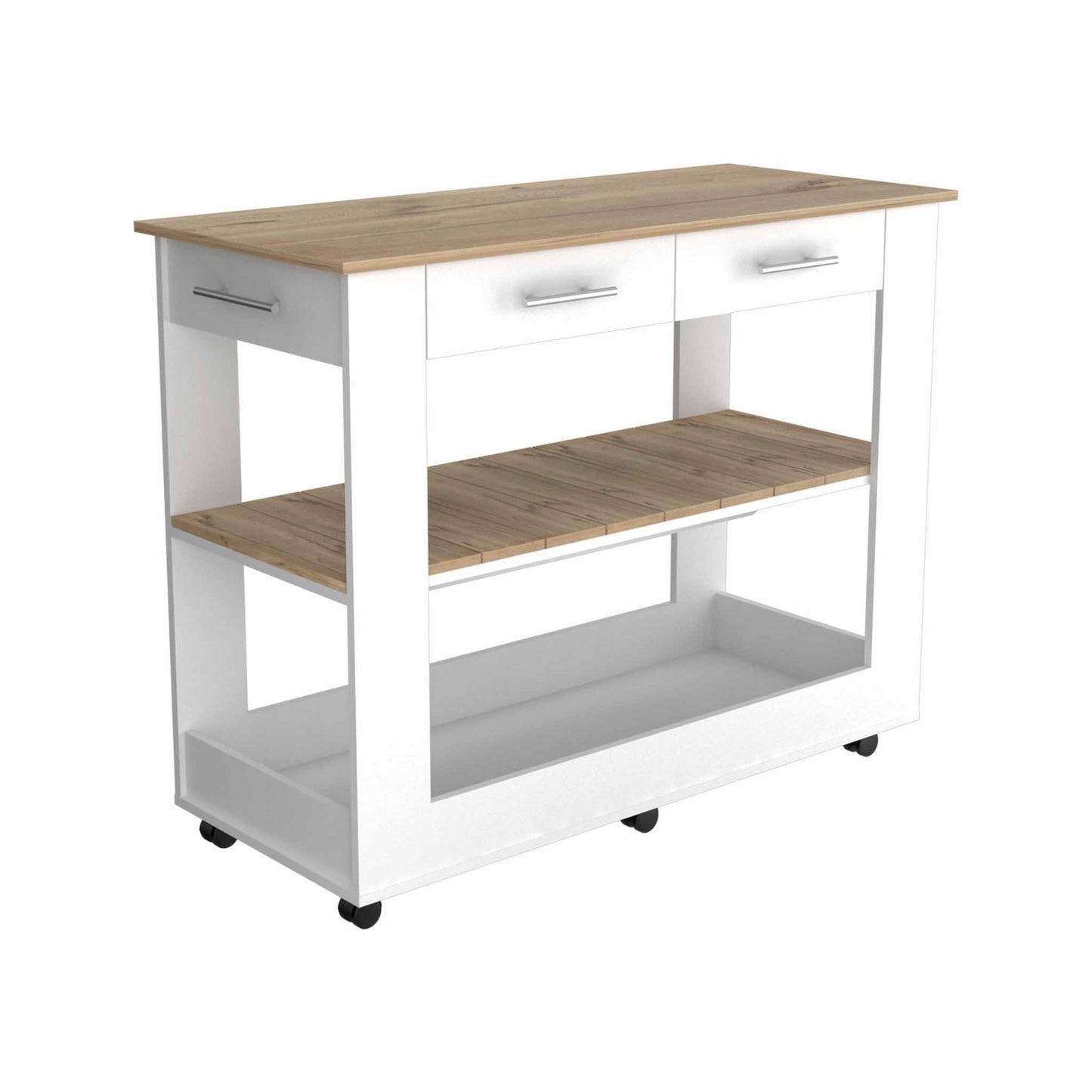 Light Oak And White Kitchen Island With Drawer Shelves And Casters- 474097
