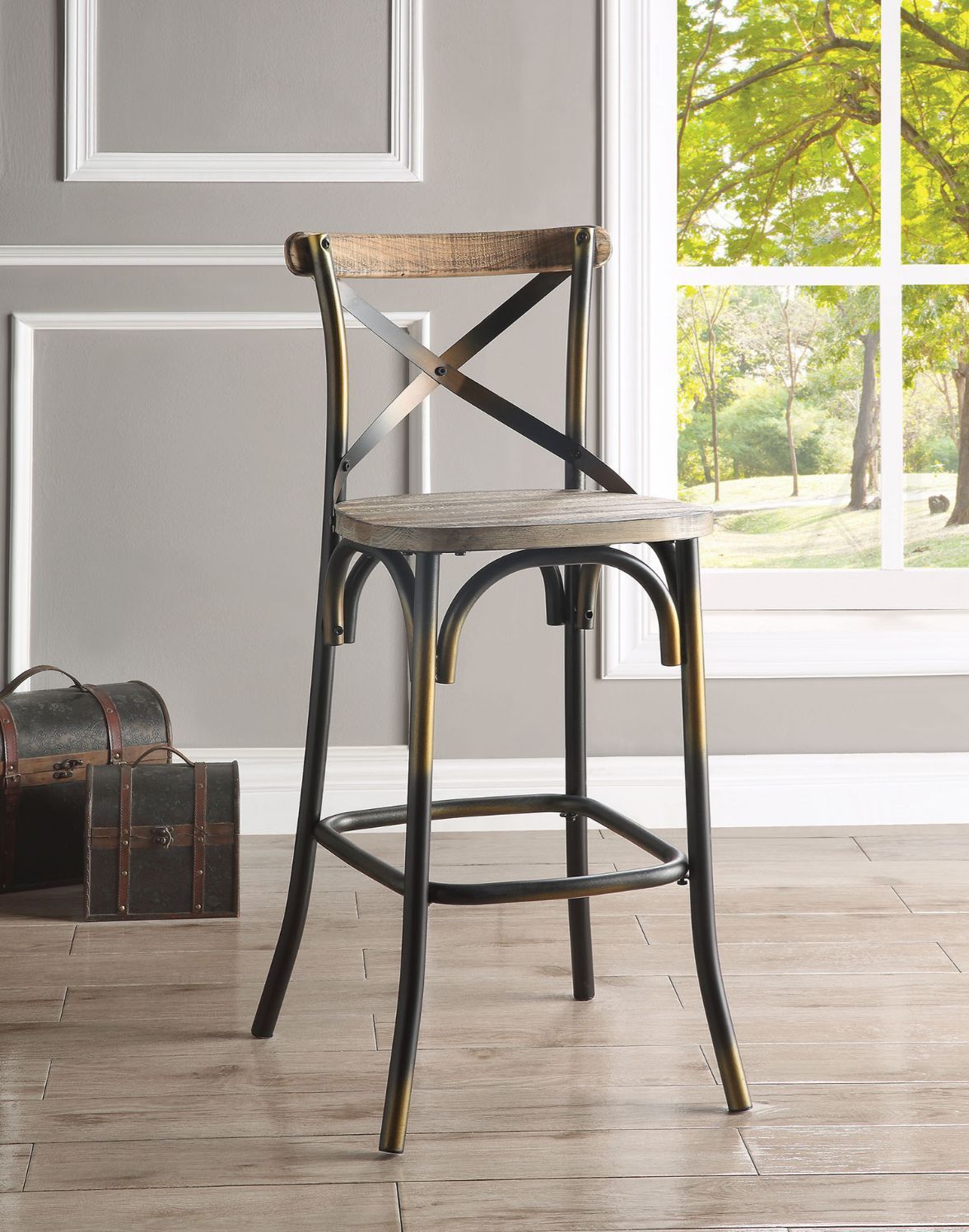 Zaire Bar Chair (1Pc), Antique Copper & Antique Oak, 29" Seat Height - 96805