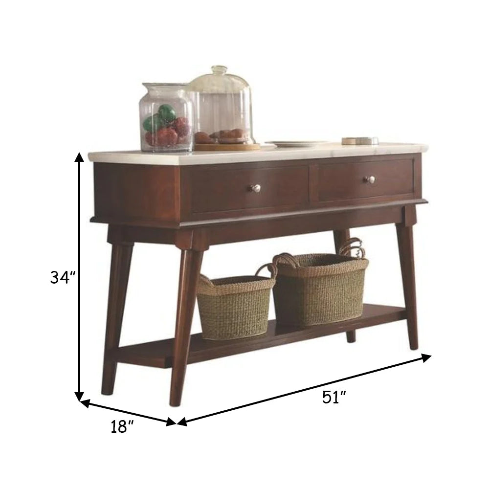 BM186219 Two Drawers Wooden Server With Marble Top, White And Walnut Brown
