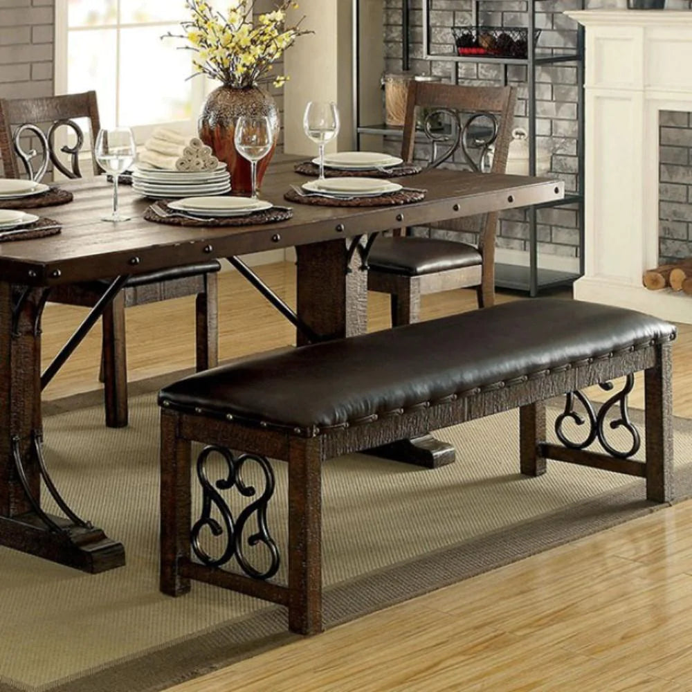 BM166210 Wooden Bench With Metal Work, Rustic Walnut Brown
