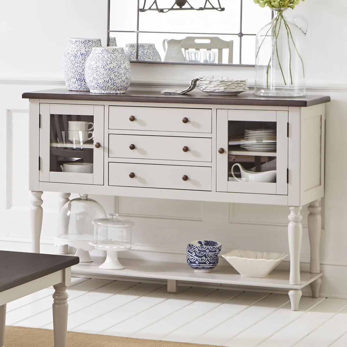 Wood And Glass Server With Multiple Storage Space, Dark Brown And Soft Gray -BM183996