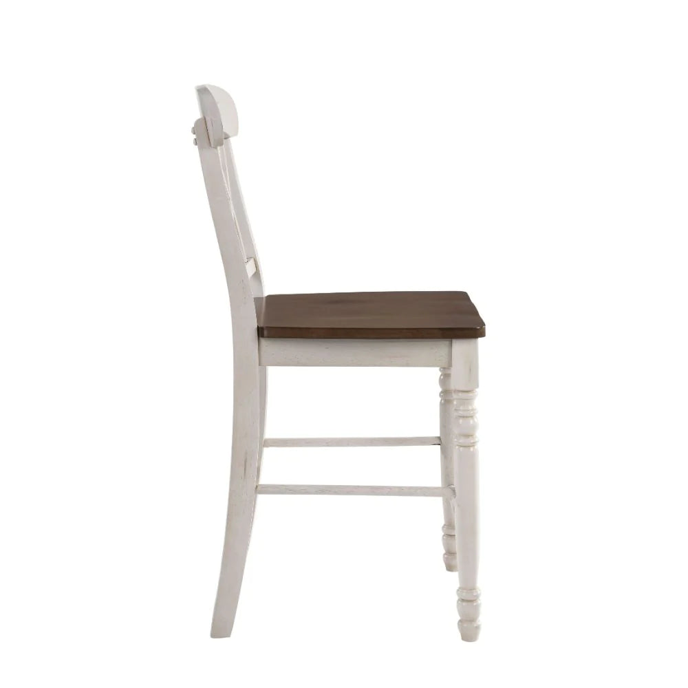 Wooden Counter Height Chair With Overlapped Design Back And Scoop Seat, White And Brown, Set Of Two - BM194405