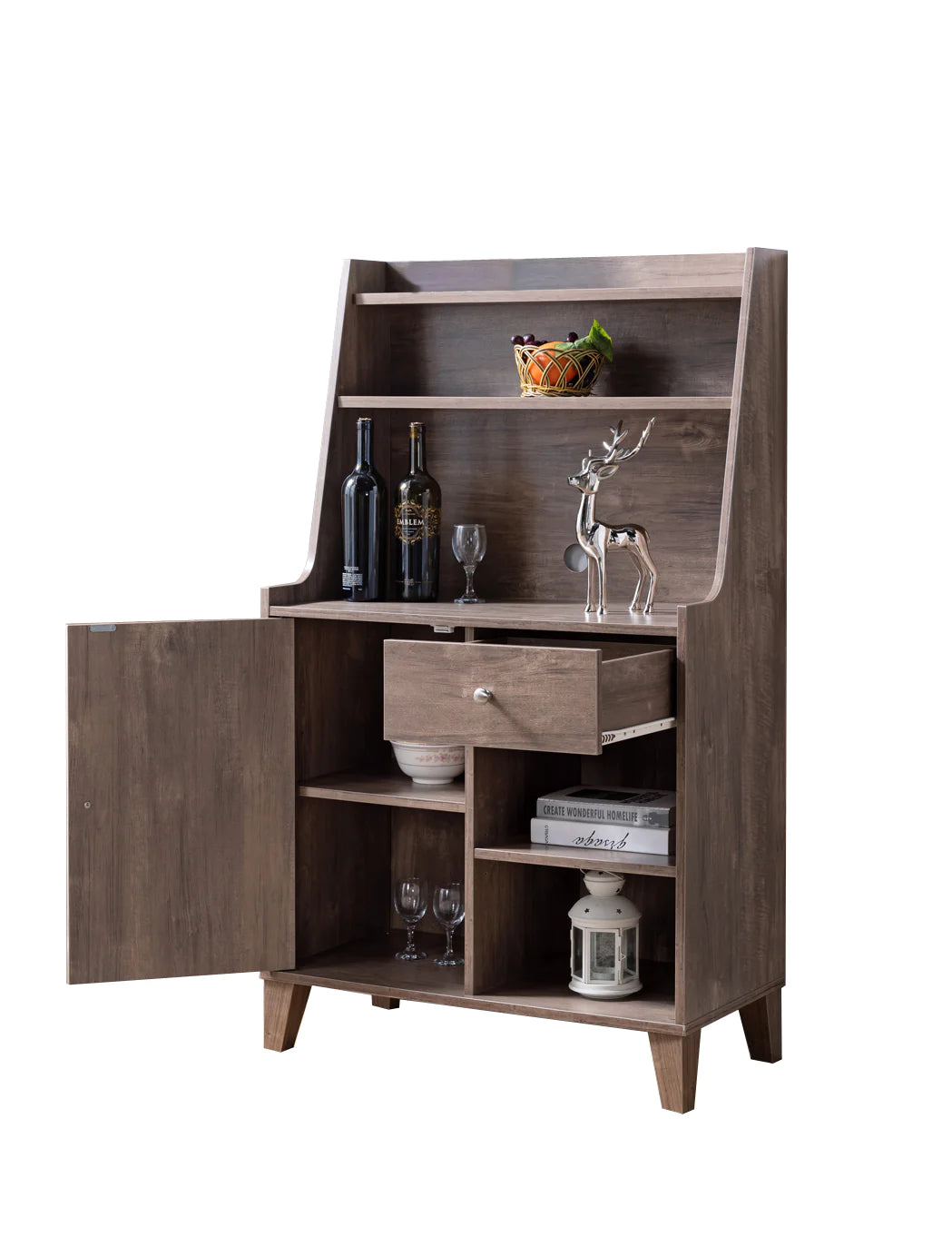 Wooden 1 Door Bakers Cabinet With 2 Top Shelves And 1 Drawer In Brown - BM204158