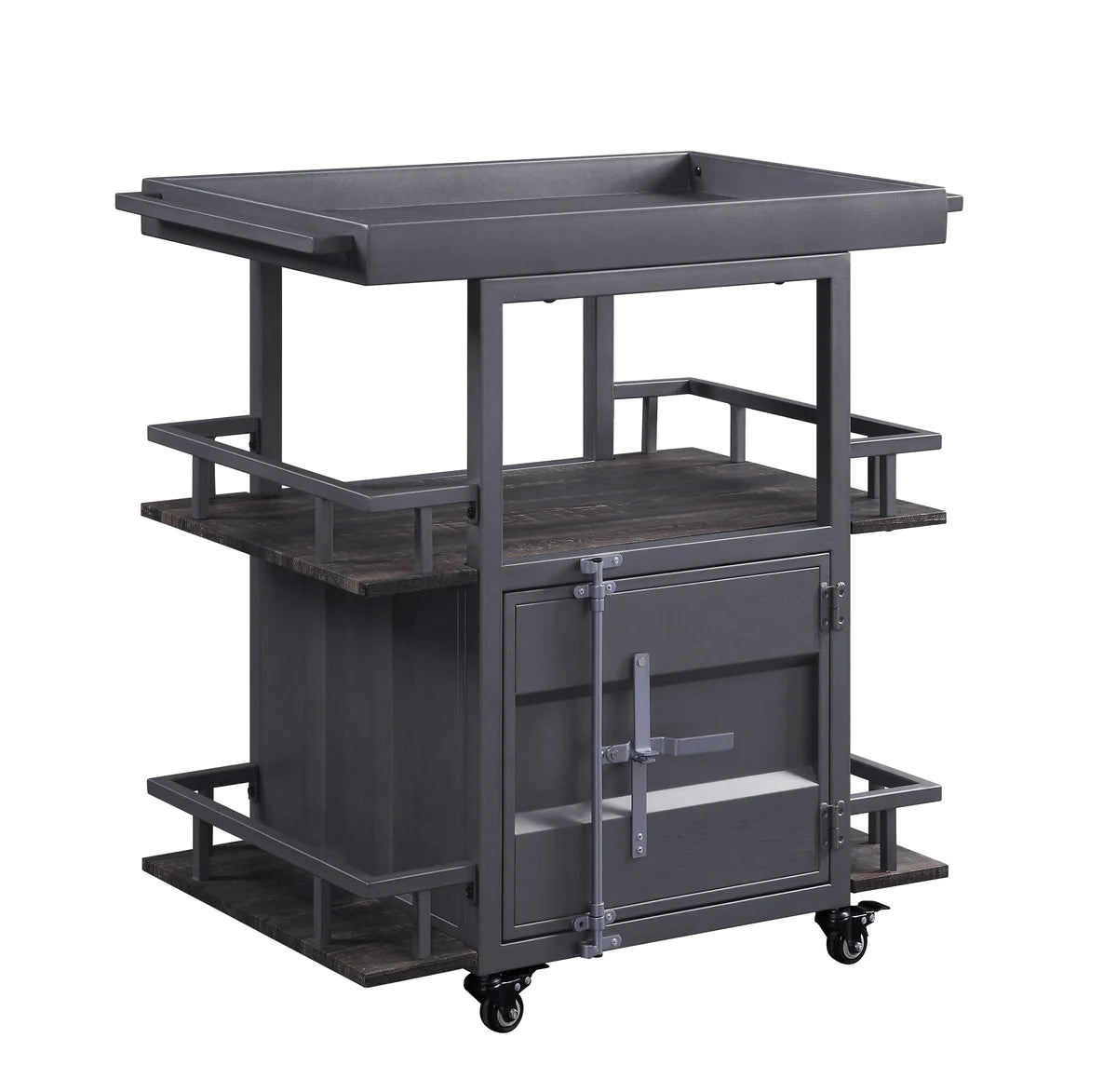Metal Serving Cart With 1 Door Storage And 2 Tray Shaped Shelves, Gray - BM204490