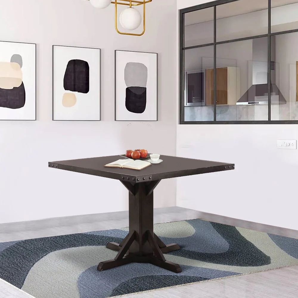Square Wooden Dining Table With Pedestal Base And Metal Accents In Brown - BM206235