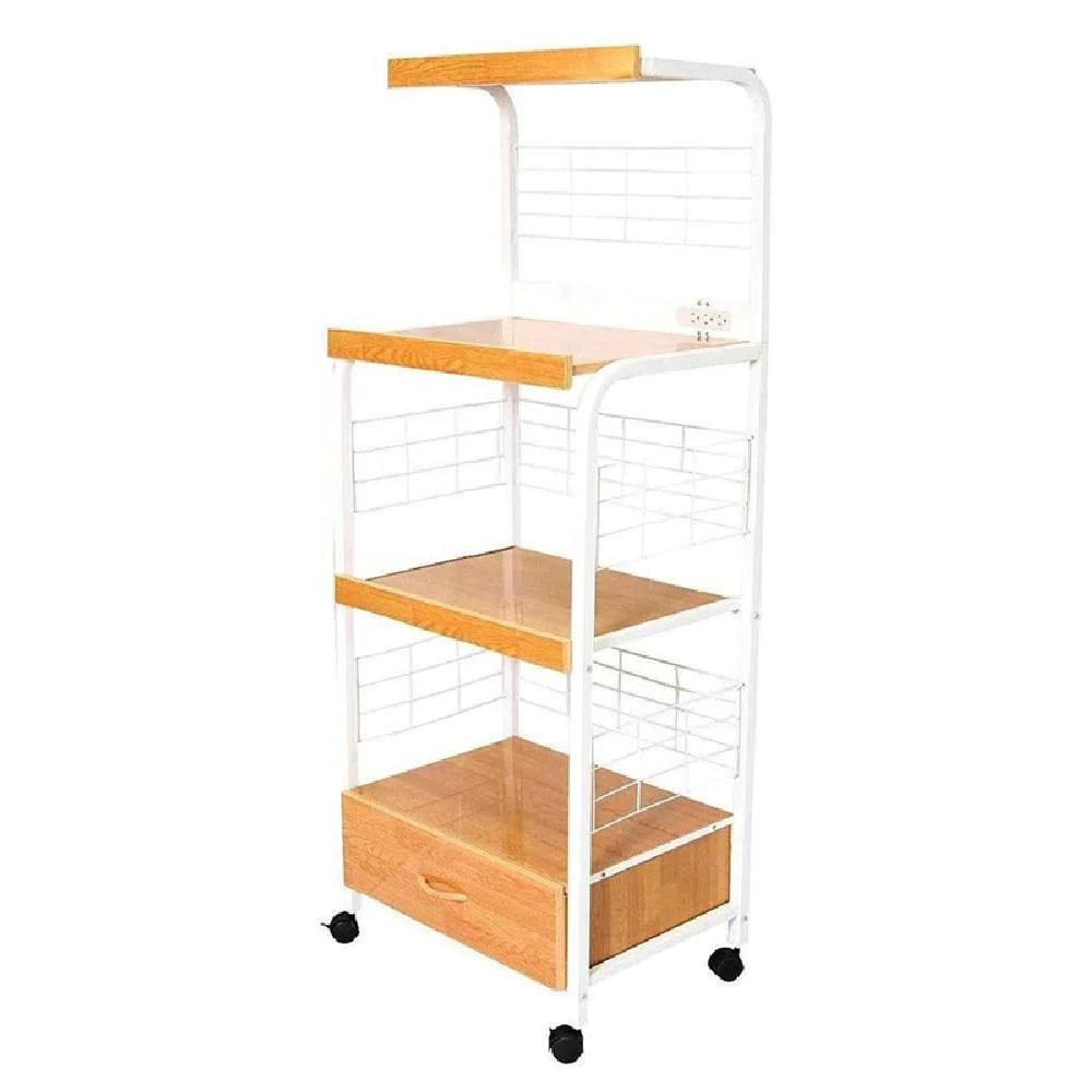 Wood And Metal Frame Microwave Cart With Power Outlet, White And Brown - BM216720