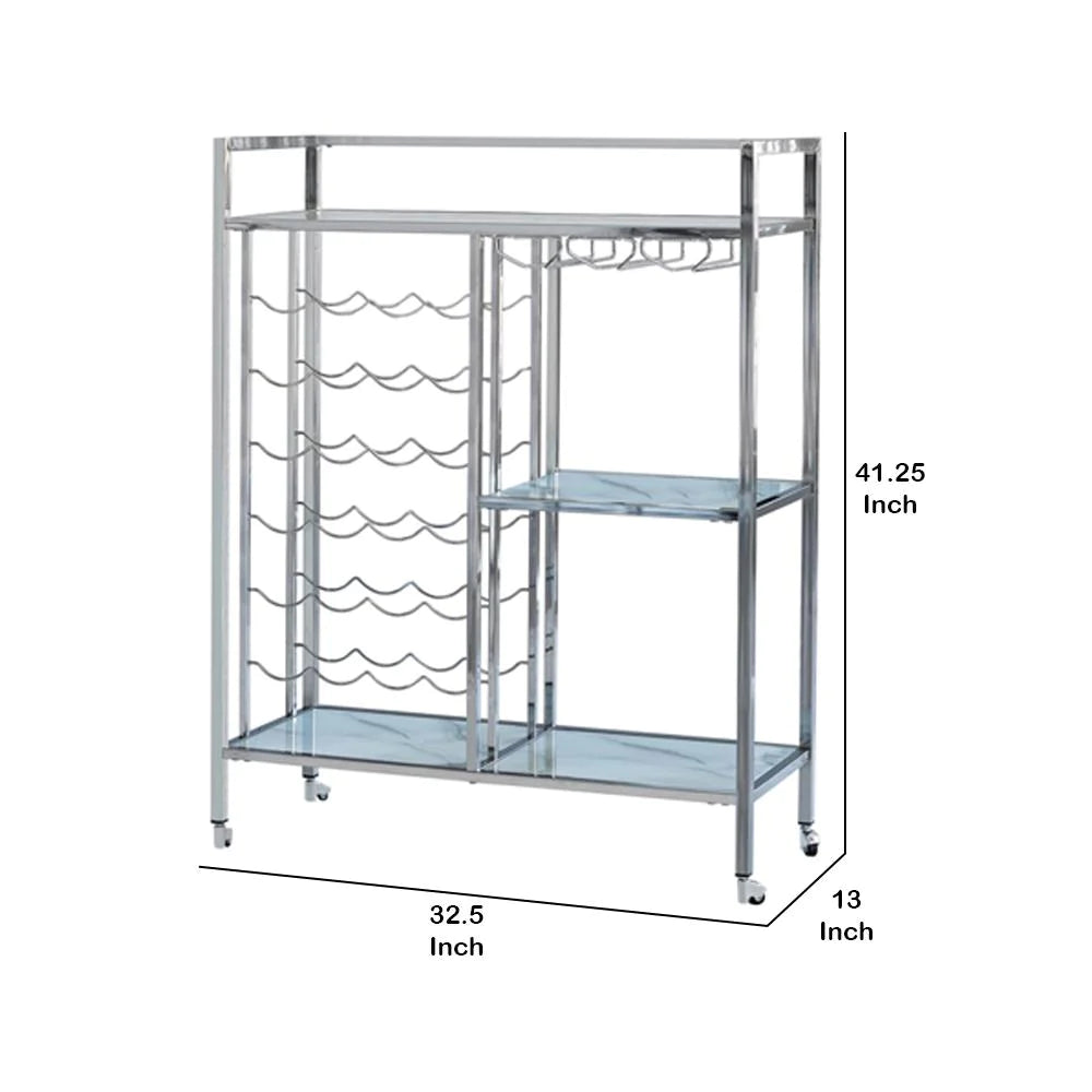 Metal Serving Cart With Wine And Stemware Rack, Silver - BM230344