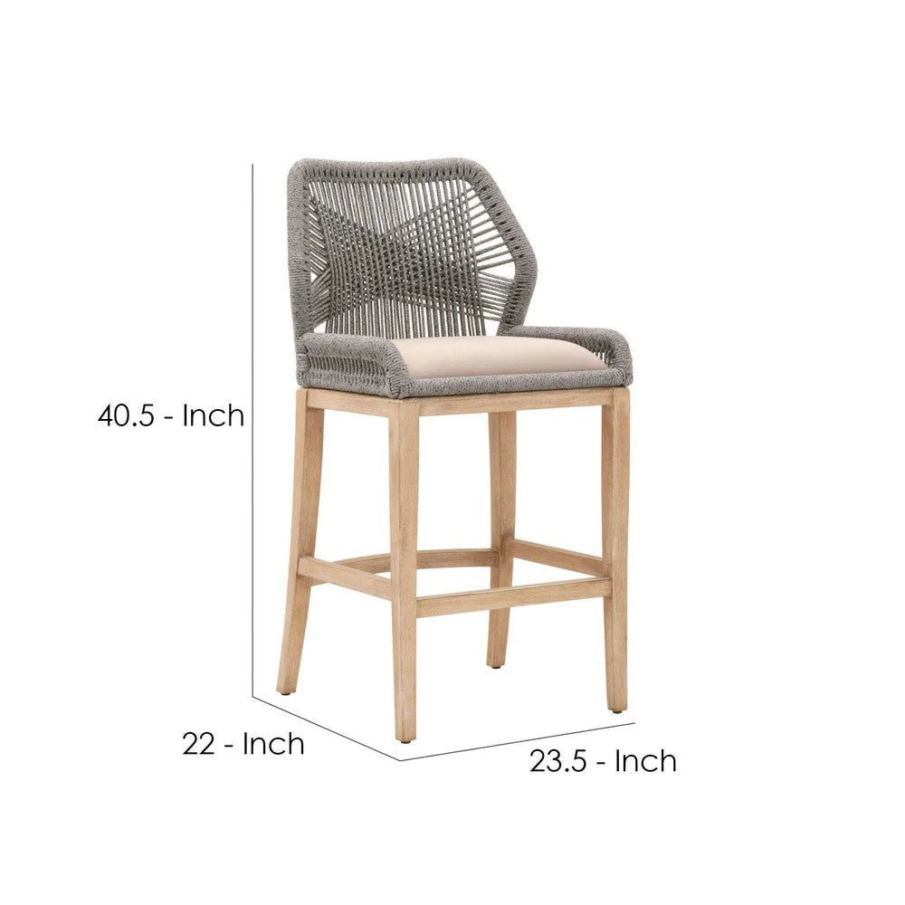 Counter Stool With Wooden Legs And Rope Back, Gray And Brown - BM241887