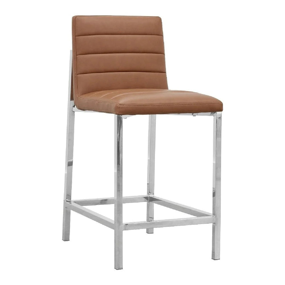 Eun 26 Inch Vegan Faux Leather Counter Stool, Chrome Legs, Set Of 2, Brown - BM273665