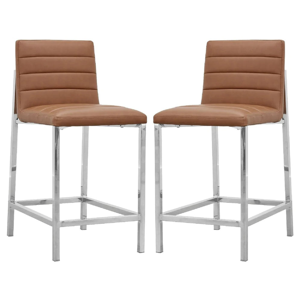 Eun 26 Inch Vegan Faux Leather Counter Stool, Chrome Legs, Set Of 2, Brown - BM273665