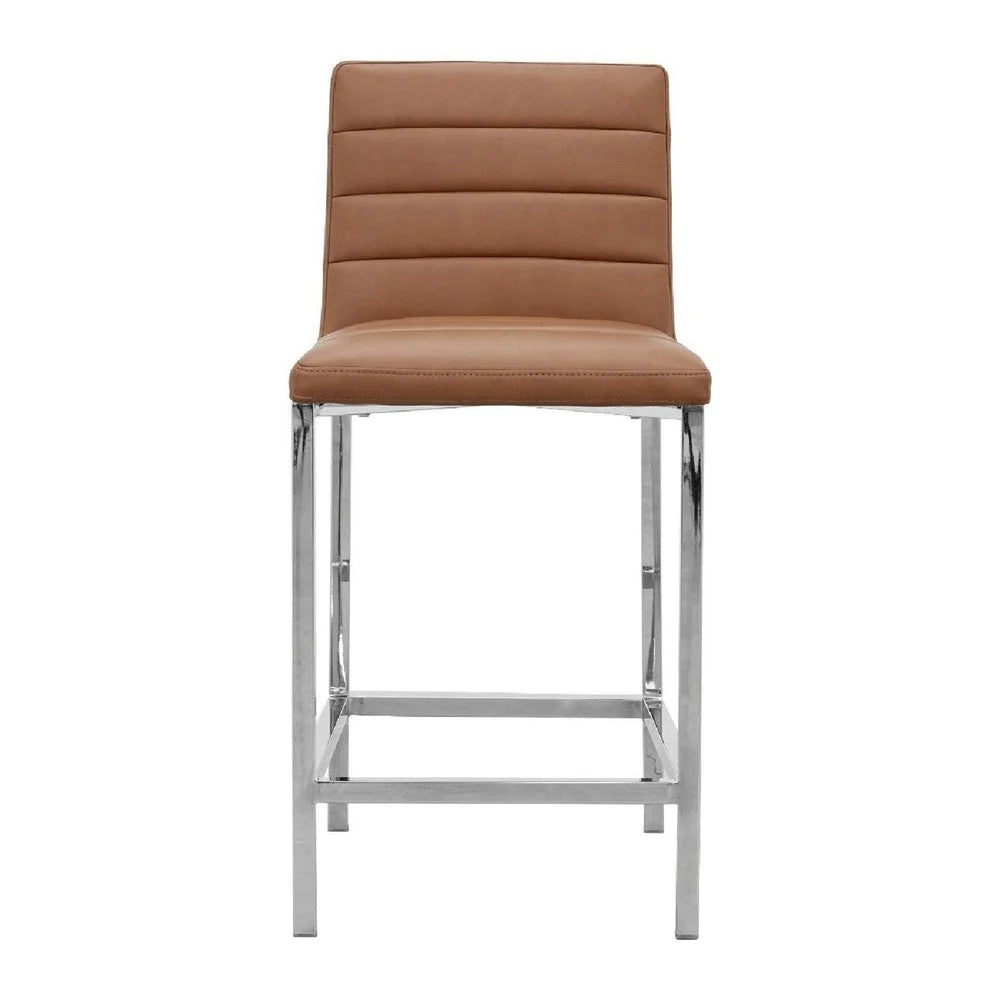Eun 26 Inch Vegan Faux Leather Counter Stool, Chrome Legs, Set Of 2, Brown - BM273665