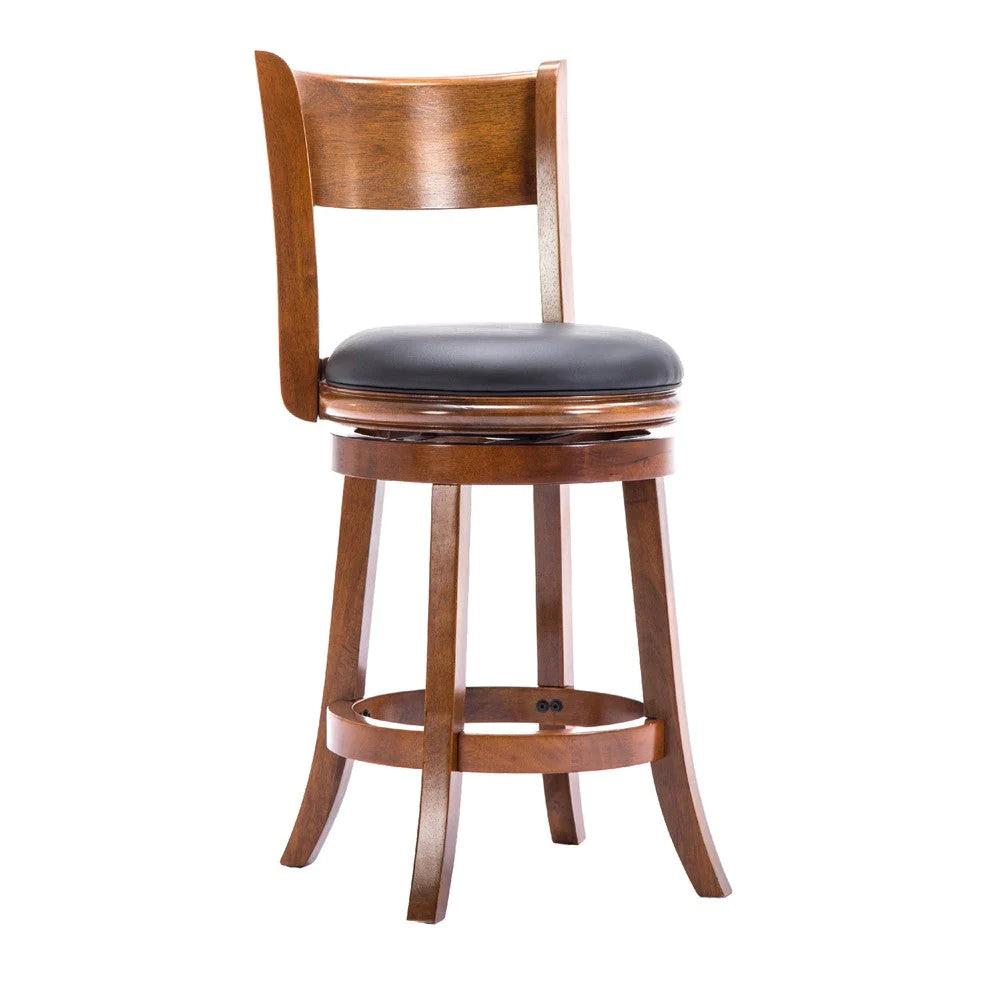 Pal 24 Inch Swivel Counter Stool, Solid Wood, Bonded Leather, Walnut Brown - BM274333