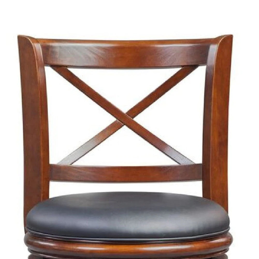 Gia 29 Inch Swivel Bar Stool, Solid Wood, Rich Vegan Faux Leather, Brown - BM274340