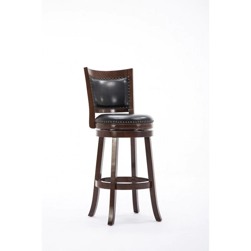 Sabi 24 Inch Swivel Counter Stool, Solid Wood, Faux Leather, Brown, Black - BM274352