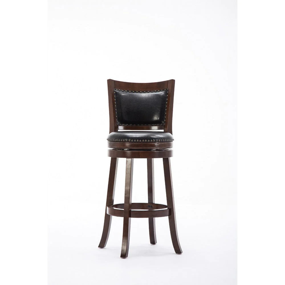Sabi 24 Inch Swivel Counter Stool, Solid Wood, Faux Leather, Brown, Black - BM274352