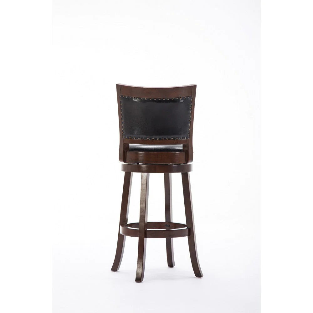 Sabi 24 Inch Swivel Counter Stool, Solid Wood, Faux Leather, Brown, Black - BM274352