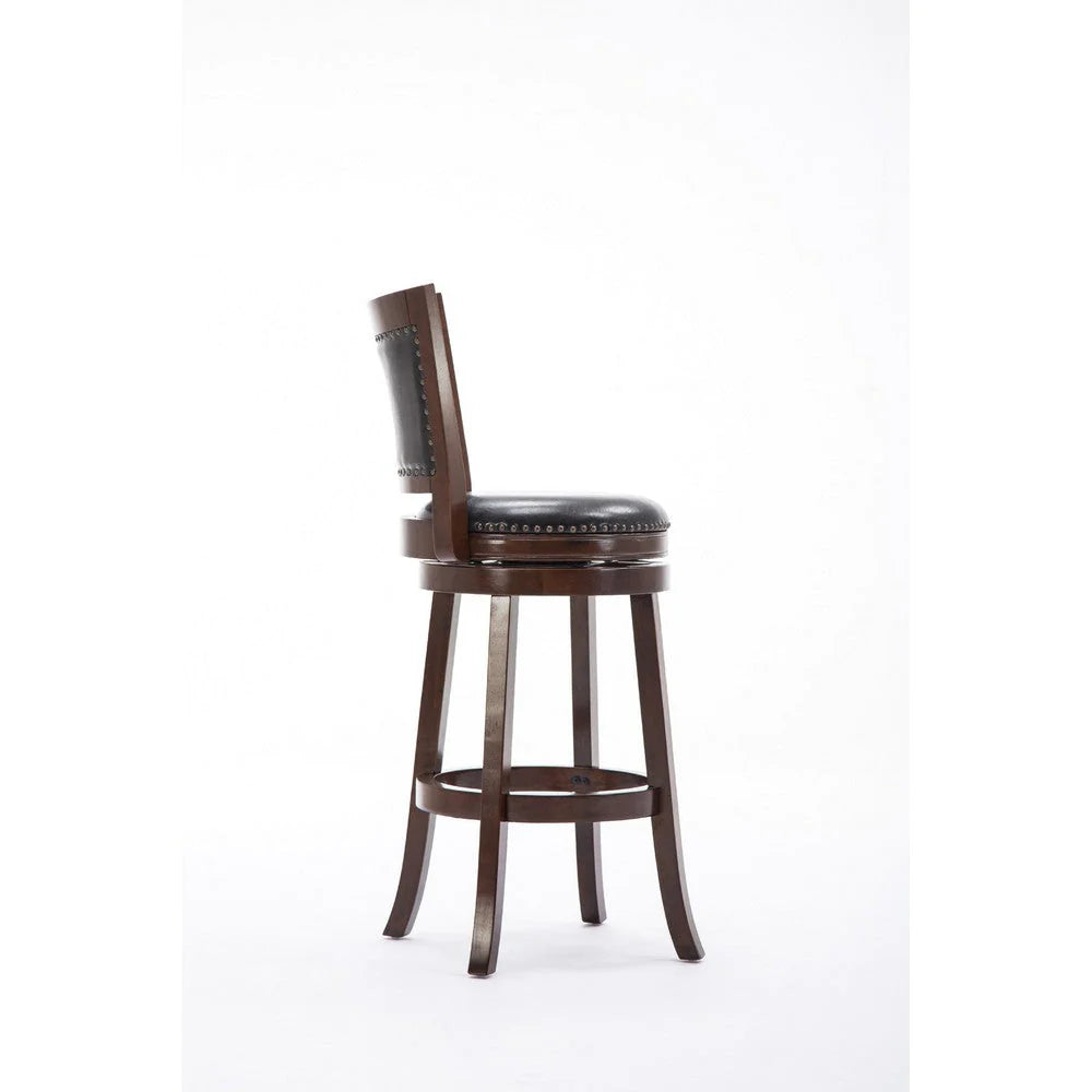 Sabi 24 Inch Swivel Counter Stool, Solid Wood, Faux Leather, Brown, Black - BM274352