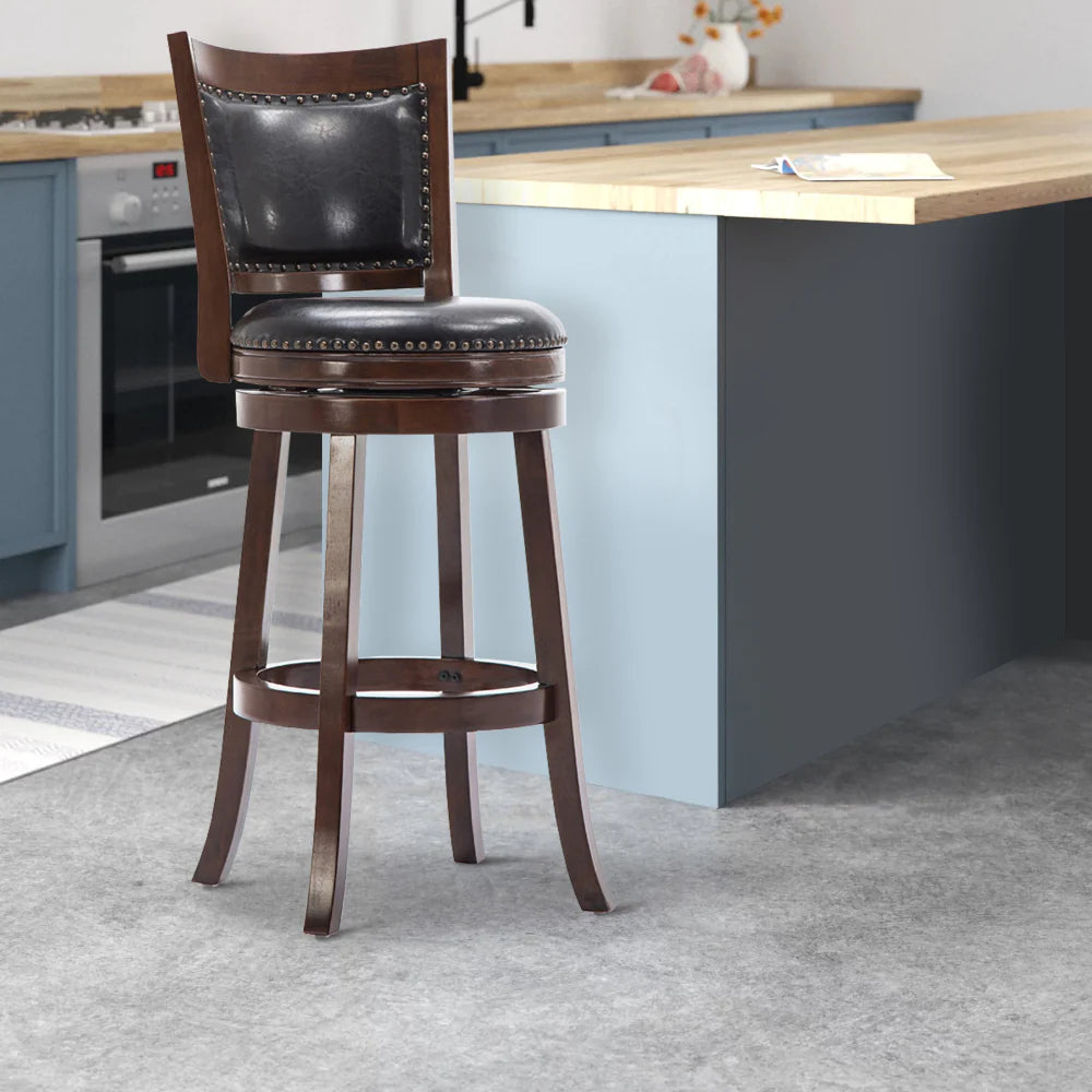 Sabi 24 Inch Swivel Counter Stool, Solid Wood, Faux Leather, Brown, Black - BM274352