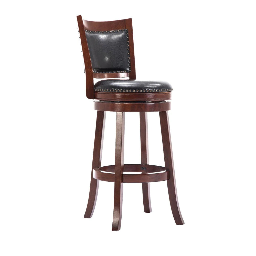 Sabi 24 Inch Swivel Counter Stool, Solid Wood, Faux Leather, Brown, Black - BM274354