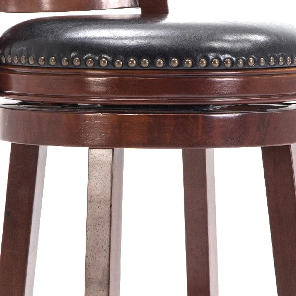 Sabi 24 Inch Swivel Counter Stool, Solid Wood, Faux Leather, Brown, Black - BM274354
