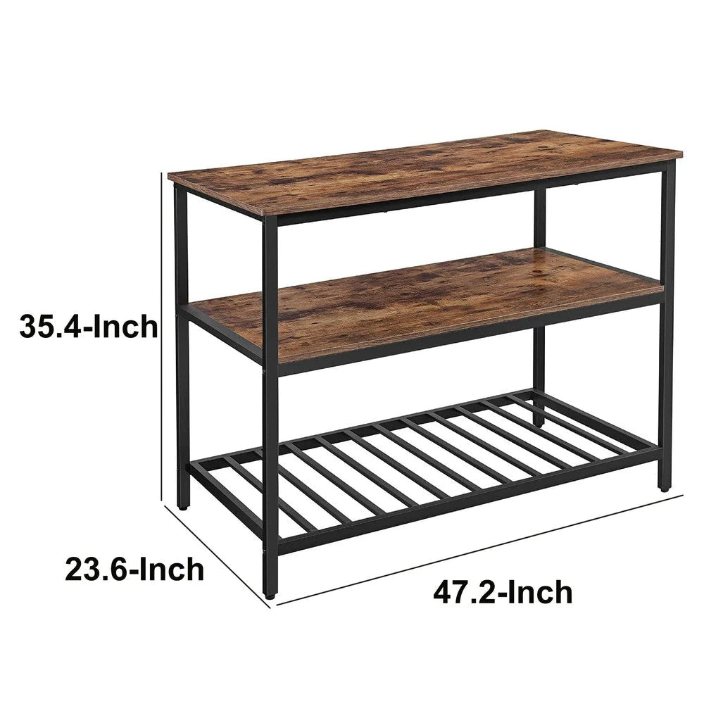 Hugh 47 Inch Wood Kitchen Island, Slatted Metal Shelf, Rustic Brown, Black - BM274770