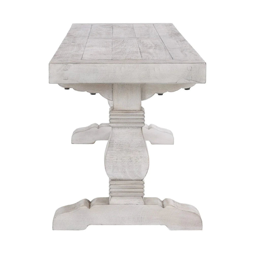 Kai 66 Inch Reclaimed Pine Dining Bench, Turned Pedestals, Antique White - BM275645