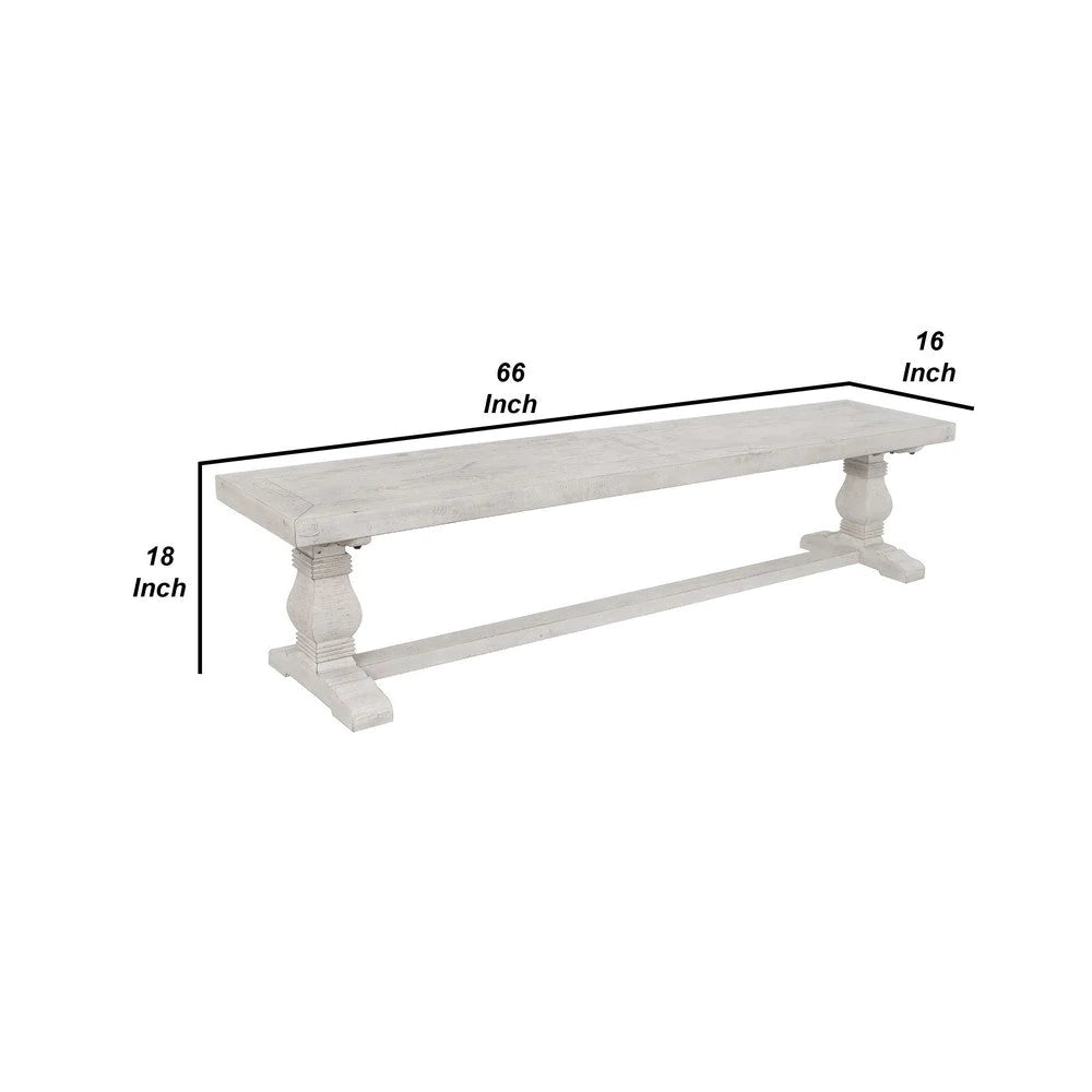 Kai 66 Inch Reclaimed Pine Dining Bench, Turned Pedestals, Antique White - BM275645