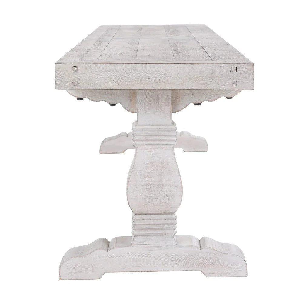 Kai 83 Inch Reclaimed Pine Dining Bench, Turned Pedestals, Antique White - BM275648