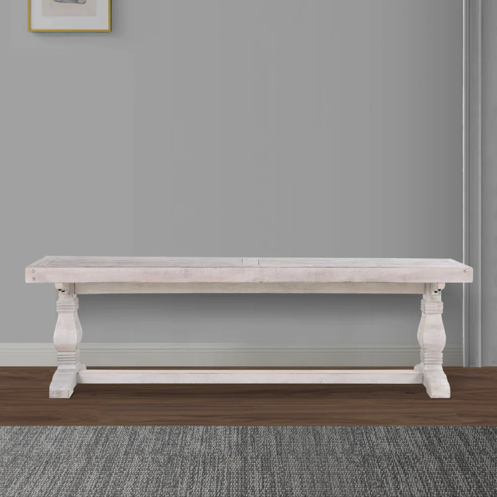 Kai 83 Inch Reclaimed Pine Dining Bench, Turned Pedestals, Antique White - BM275648
