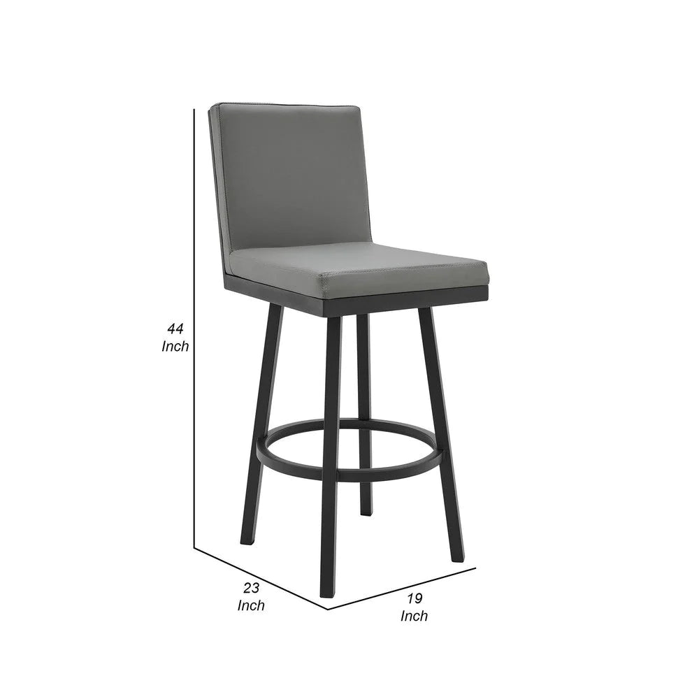 Kim 30 Inch Modern Vegan Leather Bar Stool, Swivel, Metal, Gray, Black - BM282696