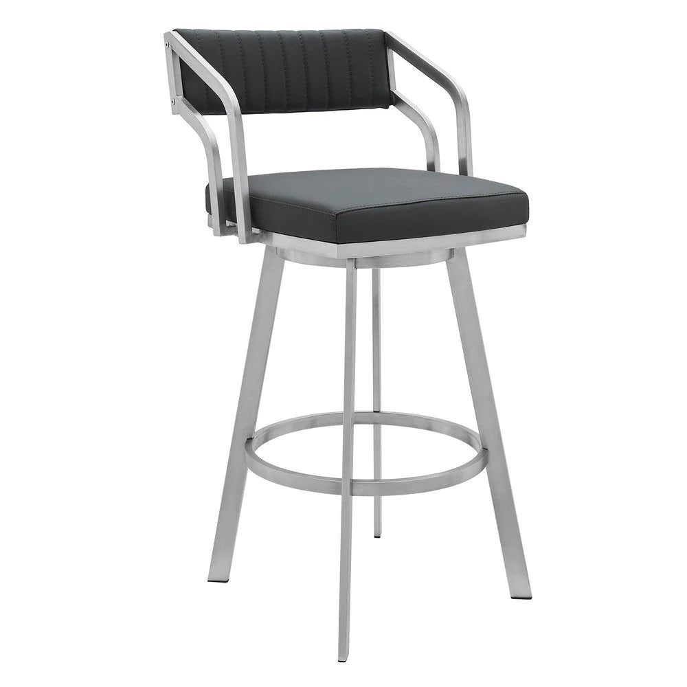 Blake 30 Inch Vegan Faux Leather Bar Stool, Swivel, Metal, Tufted, Gray - BM282698