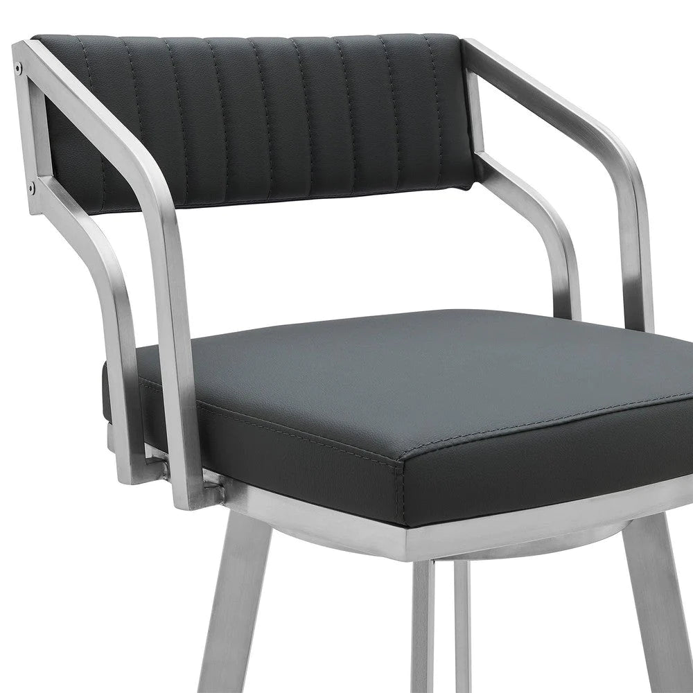 Blake 30 Inch Vegan Faux Leather Bar Stool, Swivel, Metal, Tufted, Gray - BM282698