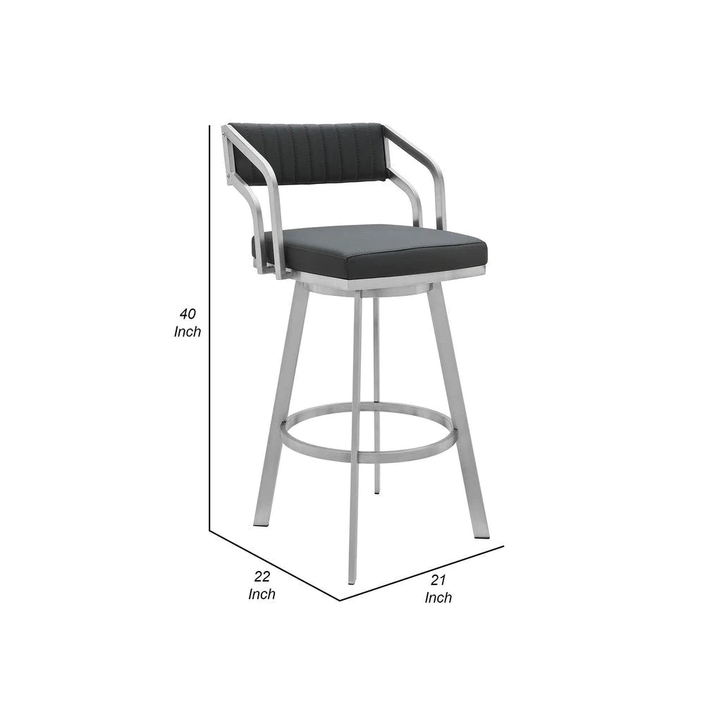 Blake 30 Inch Vegan Faux Leather Bar Stool, Swivel, Metal, Tufted, Gray - BM282698