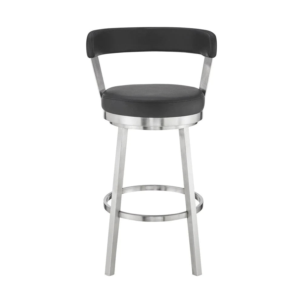 Emma 30 Inch Bar Height Swivel Stool, Steel Legs, Vegan Faux Leather, Black - BM283293