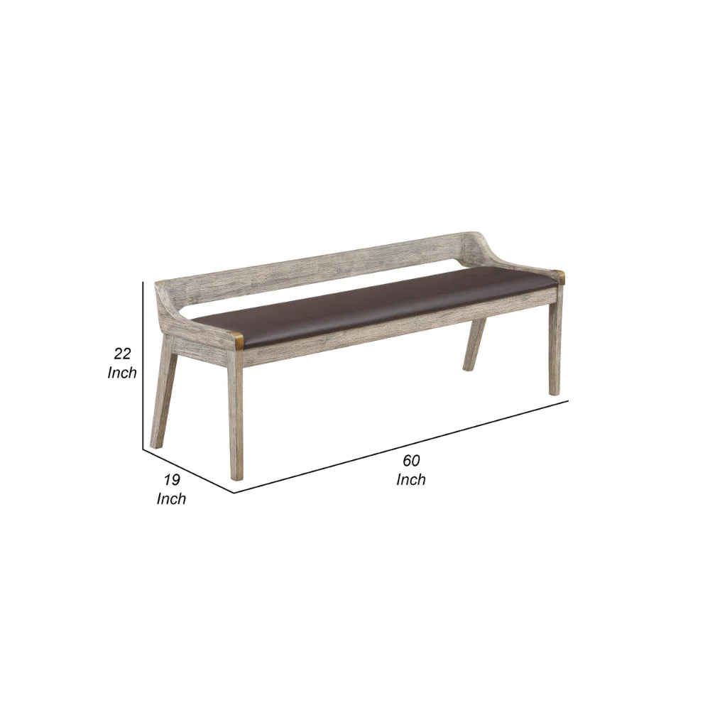 Kit 60 Inch Modern Dining Bench, Padded Seat, Curved Open Back, Gray, Brown - BM293823